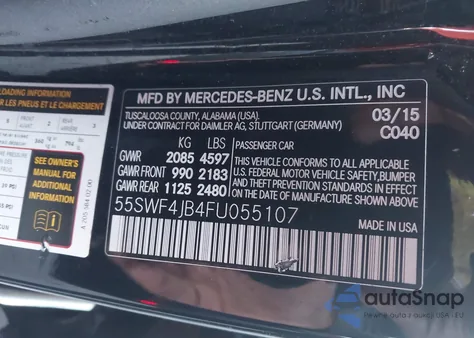 2015 Mercedes-Benz C 300 из США, поврежденный, VIN 55SWF4JB4FU055107